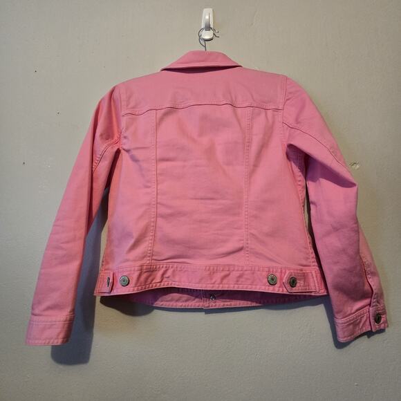 Talbots Denim Trucker Jacket Womens Petite MED Pink Pockets Classic Stretch - Picture 9 of 9